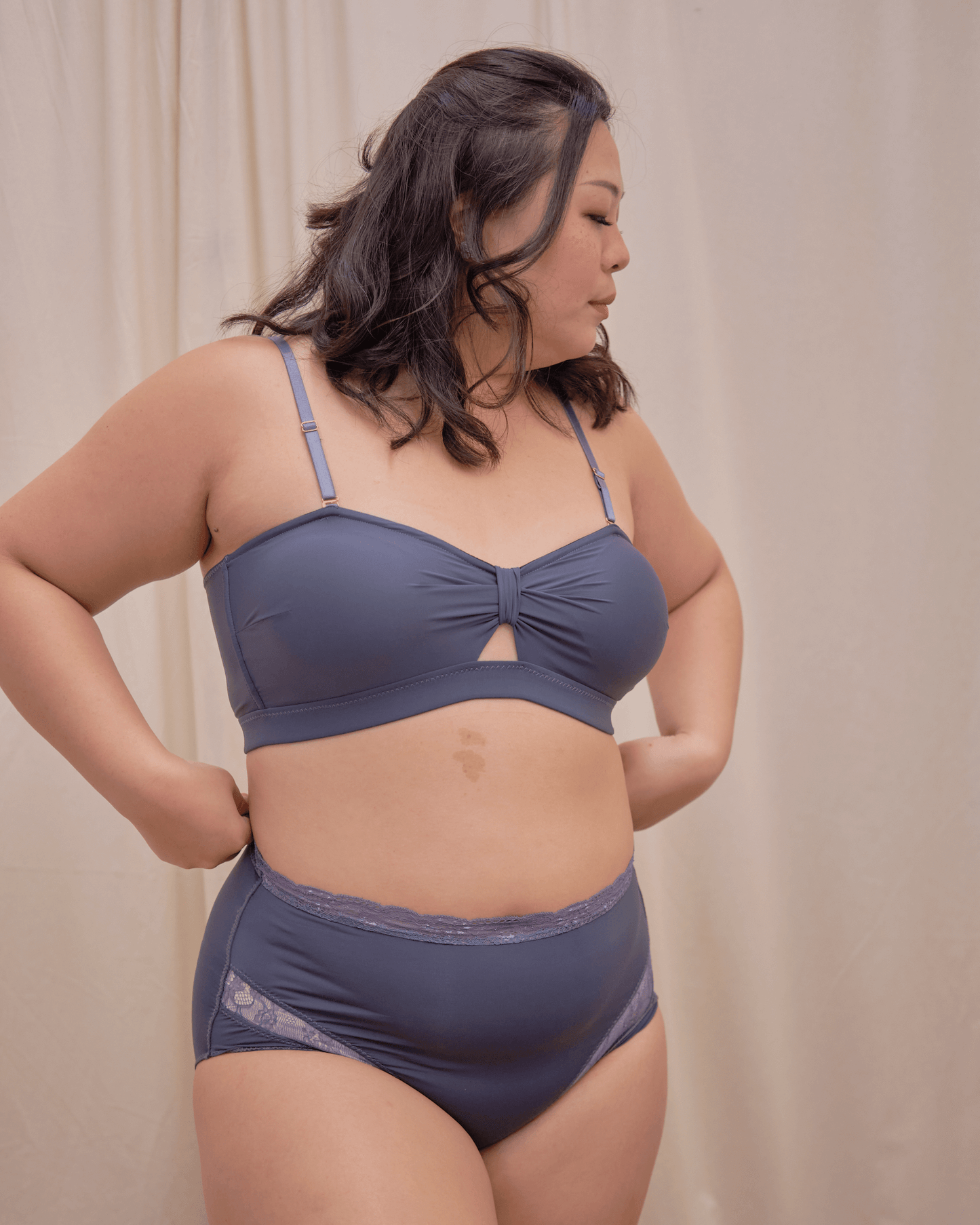 knotty padded strapless bralette in steel blue