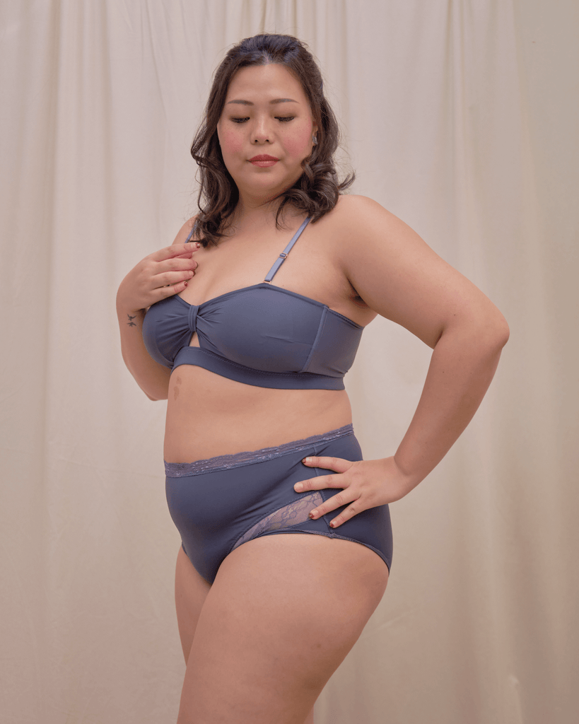 knotty padded strapless bralette in steel blue